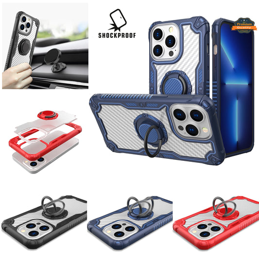 For Apple iPhone 13 /Pro Max Carbon Fiber Design [Military Grade Protection] with Ring Kickstand Shockproof Rugged Protective  Phone Case Cover