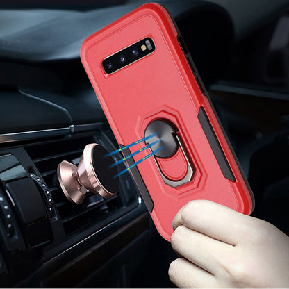 For Samsung Galaxy S10+ Plus Hybrid Tough Strong Dual Layer Hard PC TPU with Flat Magnetic Ring Stand Heavy-Duty Armor Red Phone Case Cover