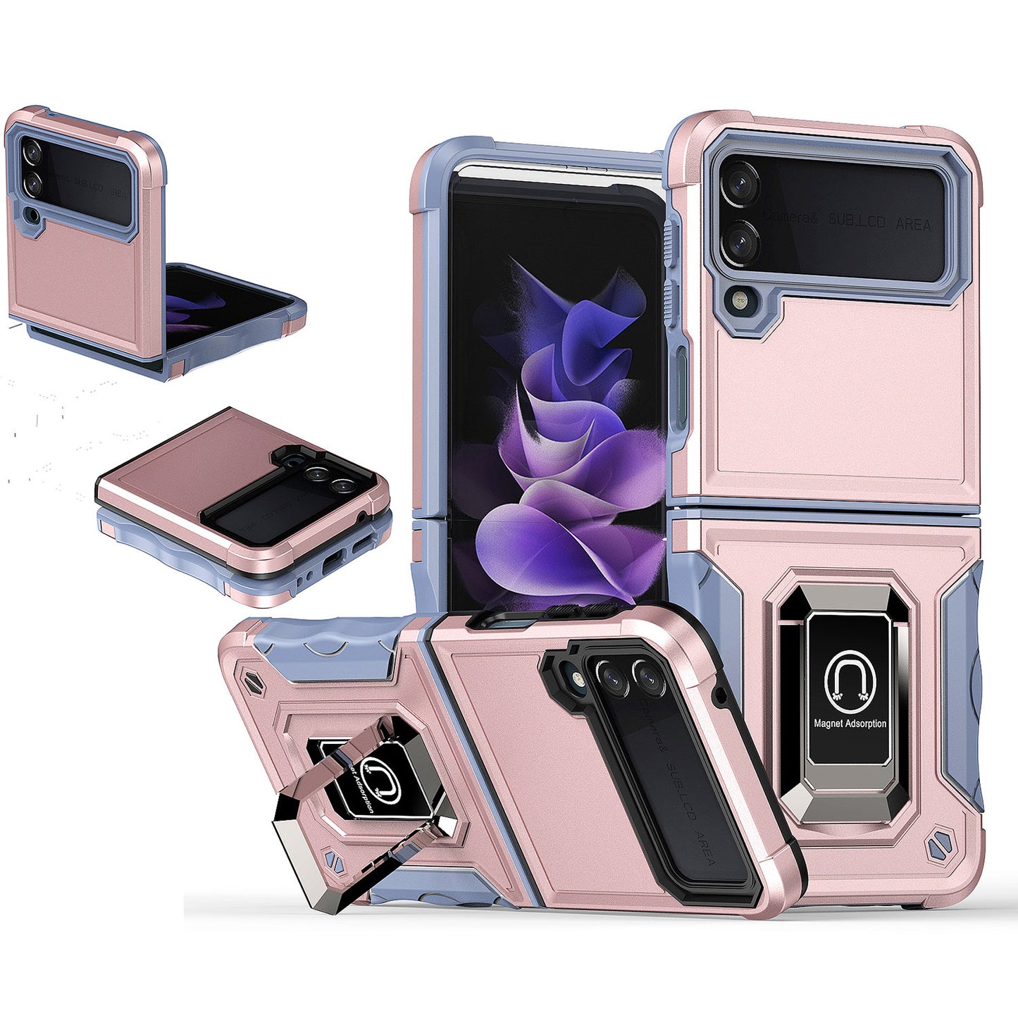 For Samsung Galaxy Z Flip 4 5G Hybrid Cases with Magnetic Ring Holder Kickstand Heavy Duty Rugged Silicone Shockproof  Phone Case Cover