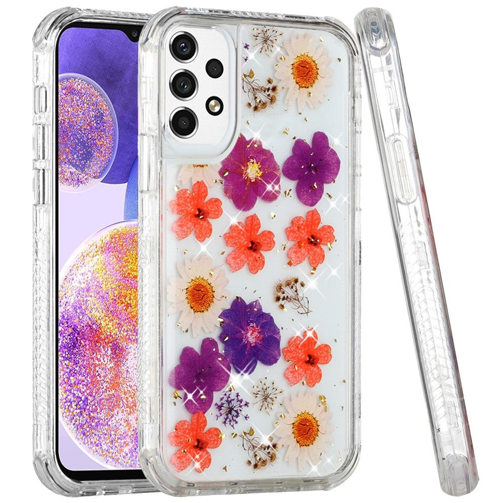 For Samsung Galaxy A23 5G Sparkle Glitter Floral Epoxy Design Shockproof Hybrid Fashion Bling Rubber TPU & Hard PC  Phone Case Cover