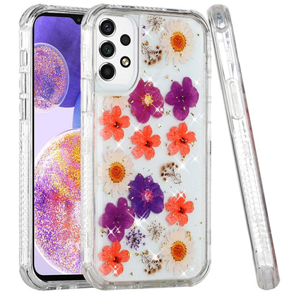 For Samsung Galaxy A23 5G Sparkle Glitter Floral Epoxy Design Shockproof Hybrid Fashion Bling Rubber TPU & Hard PC  Phone Case Cover