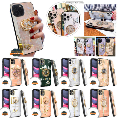 For Apple iPhone 13 / Pro Max Elegant Rhinestone 3D Diamond Bling Glitter with Ring Stand Kickstand Plating Hard Back Rugged  Phone Case Cover