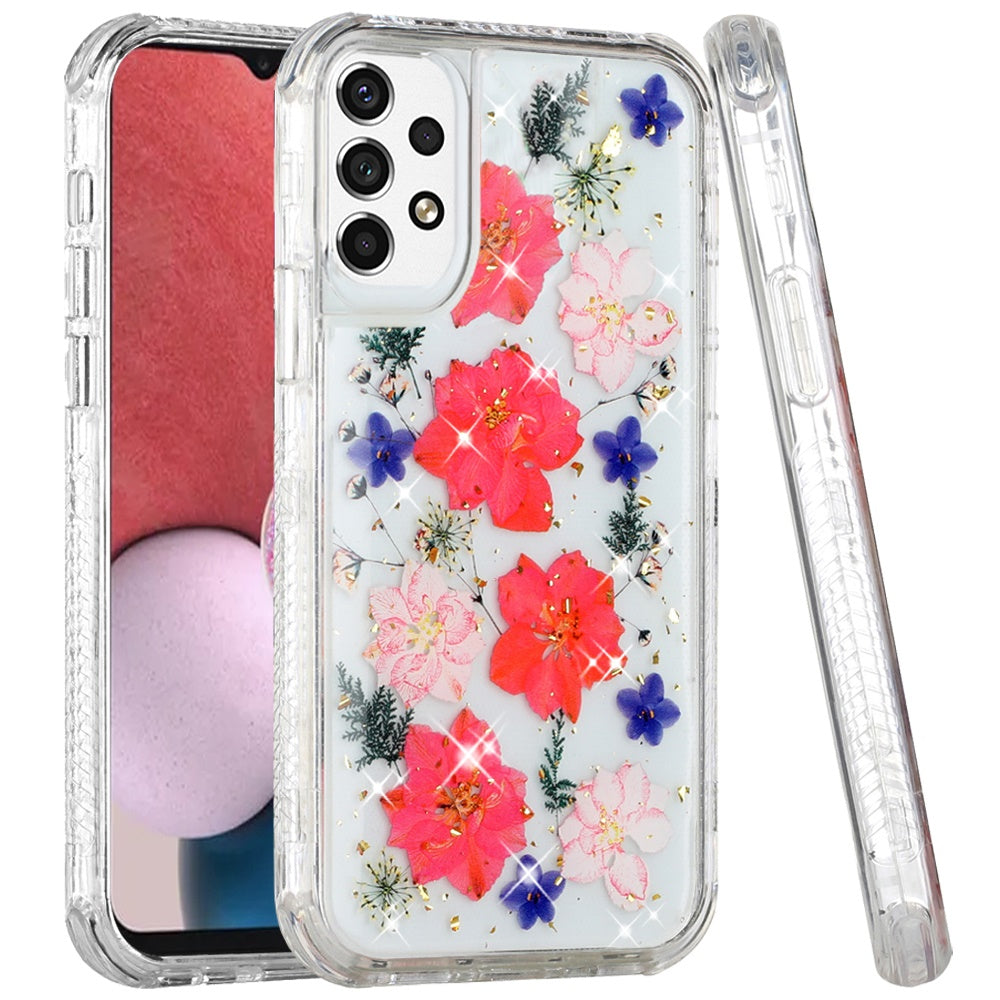 For Samsung Galaxy A13 4G Beautiful Sparkle Glitter Floral Epoxy Design Shockproof Hybrid Fashion Bling Rubber TPU  Phone Case Cover