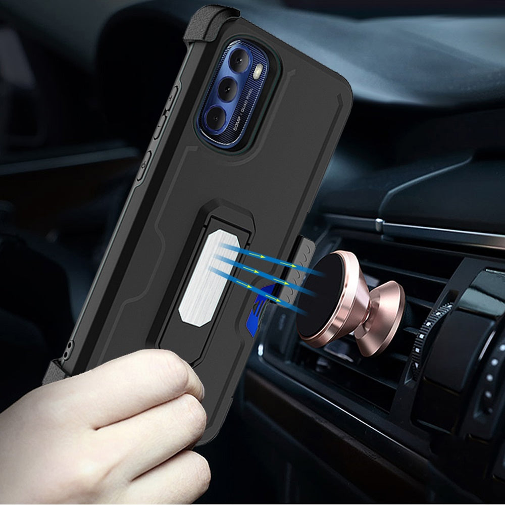 For Motorola Moto G Stylus 2022 4G Armor Belt Clip with Credit Card Holder, Holster, Kickstand Protective Heavy Duty Hybrid  Phone Case Cover