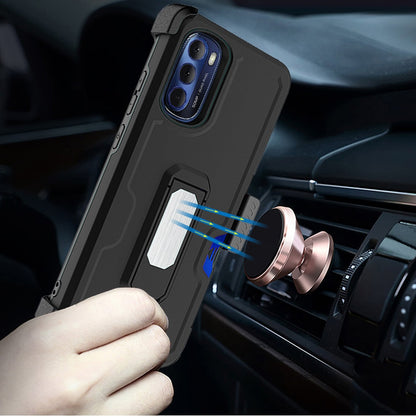 For Motorola Moto G 5G 2022 Armor Belt Clip with Credit Card Holder ID Slot, Holster, Kickstand Full Body Heavy Duty Hybrid  Phone Case Cover