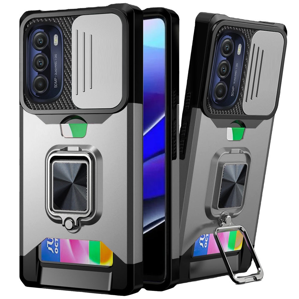 For Motorola Moto G Stylus 5G 2022 Wallet Case with Ring Stand & Slide Camera Cover Credit Card Holder Hard Shockproof  Phone Case Cover