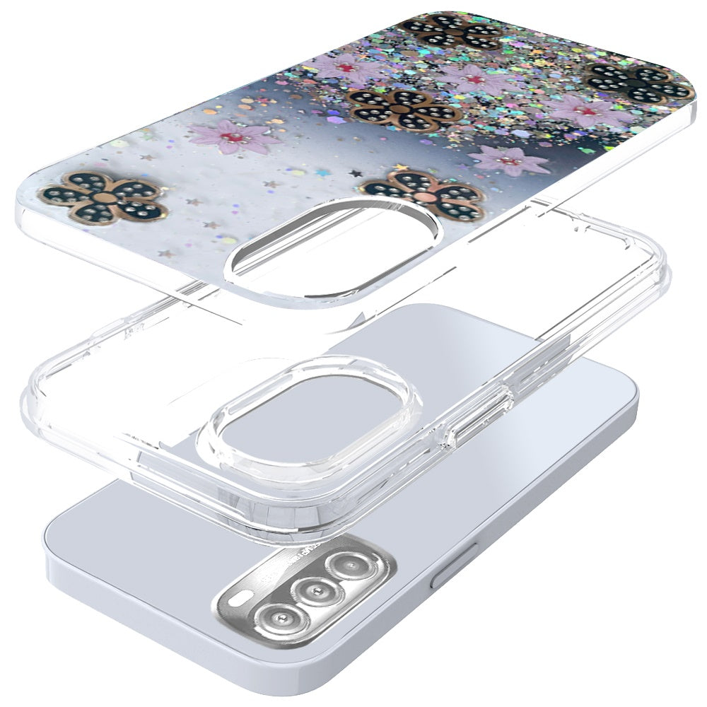 For Motorola Moto G Stylus 5G 2022 Floral Stylish Design Glitter Shiny Hybrid Rubber TPU Hard PC Shockproof Armor Slim  Phone Case Cover