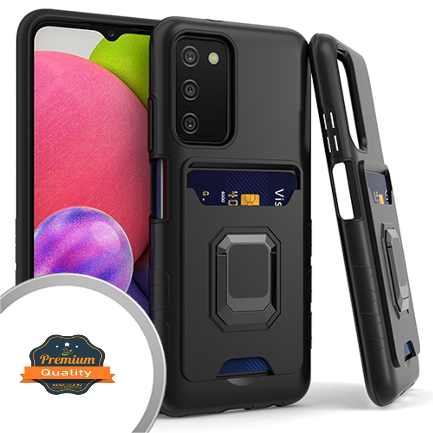 For Samsung Galaxy A03s (2022) Wallet Credit Card Slot Holder with Metal Ring Kickstand Heavy Duty Shockproof Hybrid Dual Layer Magnetic Stand  Phone Case Cover