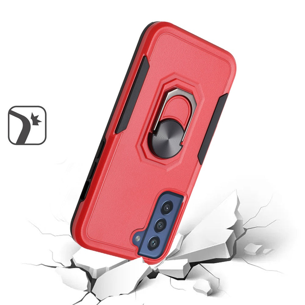 For Samsung Galaxy S21 Ultra Hybrid Tough Strong Dual Layer Hard PC TPU with Flat Magnetic Ring Stand Heavy-Duty Armor Red Phone Case Cover