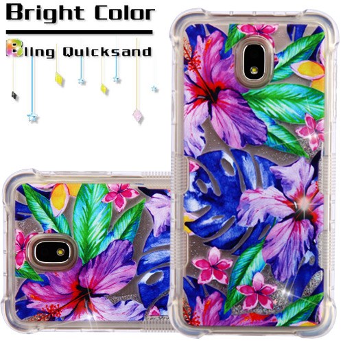For Samsung Galaxy J7 2018/J7 Star/J7 V 2nd Gen/ J7 Refine Flower Quicksand Liquid Glitter Bling Hybrid Image Flowing Sparkle Watercolor Hibiscus Phone Case Cover
