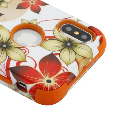 For Apple iPhone XS/X Hybrid Three Layer Hard PC Shockproof Heavy Duty TPU Rubber Anti-Drop Hibiscus Flower Orange Phone Case Cover