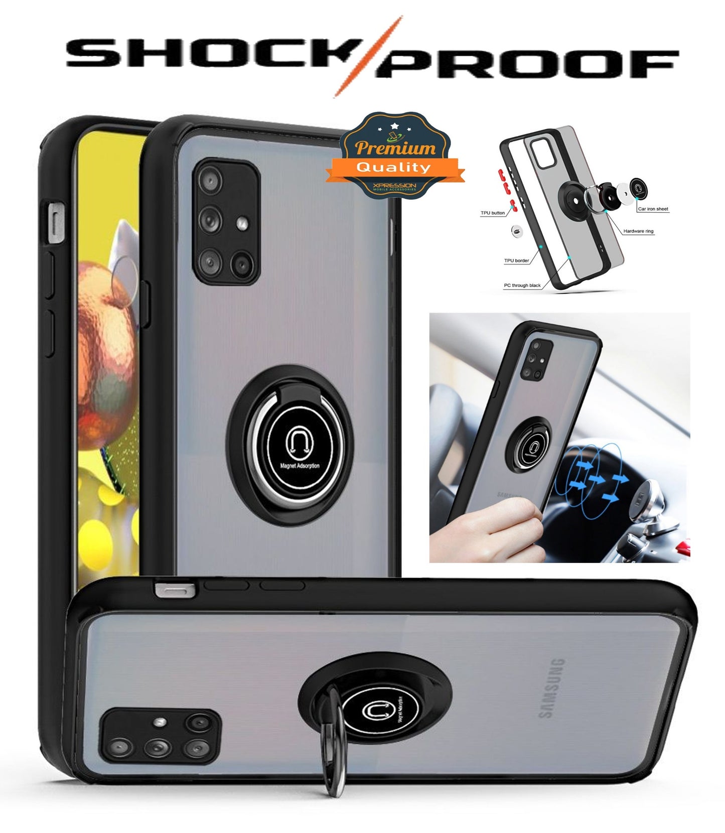 For Samsung Galaxy A33 5G Hybrid Protective PC TPU Shockproof with 360° Rotation Ring Metal Stand and Covered Camera  Phone Case Cover