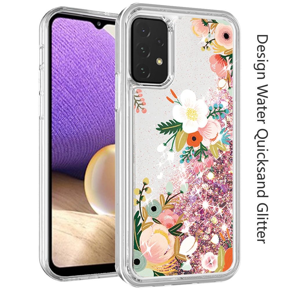 For Apple iPhone 13 Pro (6.1") Waterfall Quicksand Flowing Liquid Water Glitter Flower Design Bling Shockproof TPU Hybrid Protective  Phone Case Cover