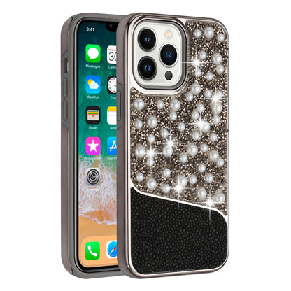 For Apple iPhone 14 (6.1") Bling Pearl Diamonds Design Glitter Hybrid Thick Hard TPU Shiny Protective Rubber Frame  Phone Case Cover