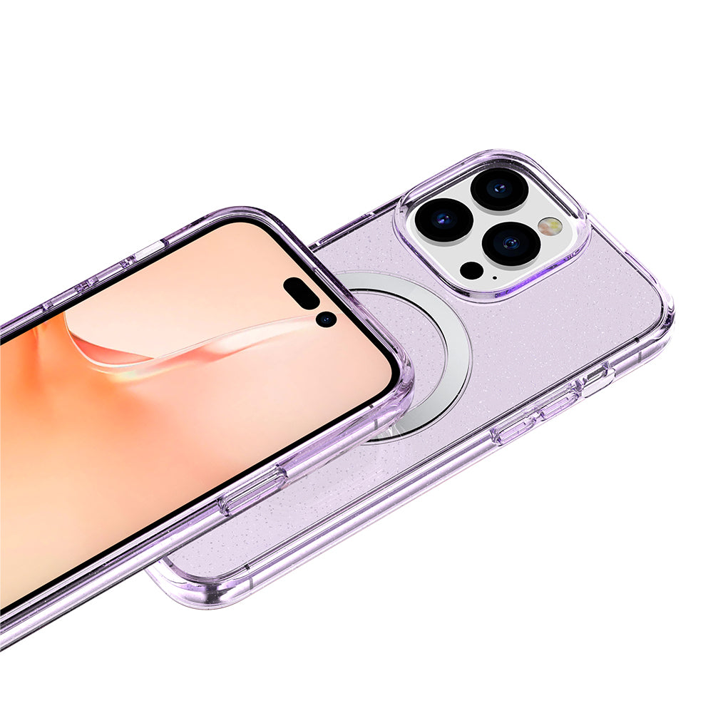 For Apple iPhone 14 (6.1") Transparent Glitter Bling Sparkly Hybrid Hard PC TPU Grip Shockproof Compatible with MagSafe Purple Phone Case Cover