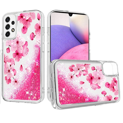 For Samsung Galaxy A33 5G Floral Design Quicksand Water Liquid Floating Sparkle Colorful Glitter Bling Flower Fashion Hybrid  Phone Case Cover