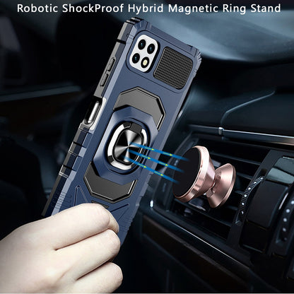 For Samsung Galaxy A03S Hybrid Dual Layer with Rotate Magnetic Ring Stand Holder Kickstand, Rugged Shockproof Protective Blue Phone Case Cover