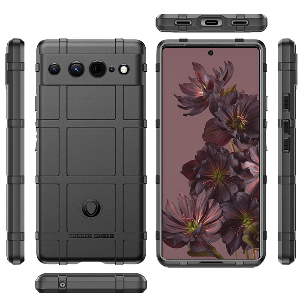 For Google Pixel 7 Pro Rugged Shield Hybrid TPU 3.2mm Thick Rough Armor Tactical Matte Grip Silicone Texture Anti-Drop Black Phone Case Cover