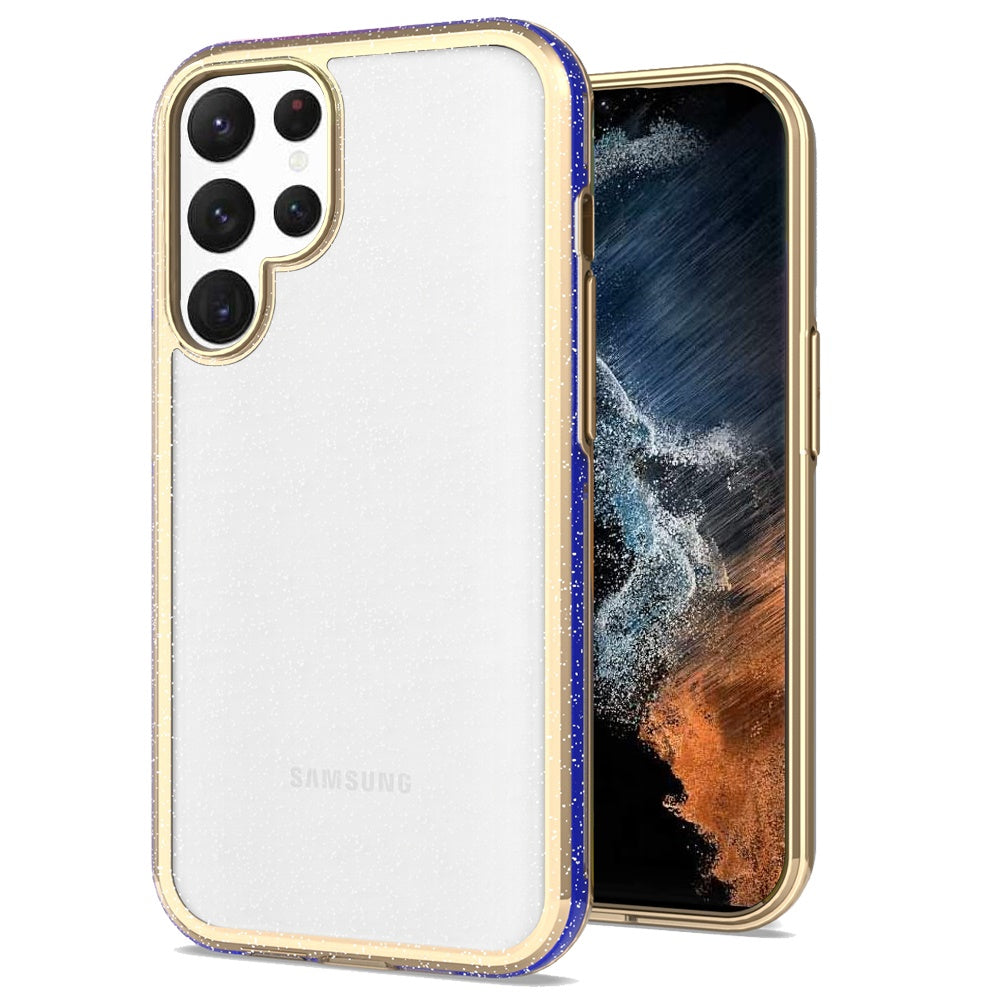 For Samsung Galaxy S22 Ultra Electroplated Gold Frame Glitter Bling Transparent Hybrid Hard PC + TPU Rubber Shockproof  Phone Case Cover