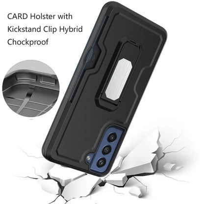 For Samsung Galaxy S22 Ultra Armor Belt Clip with Card Holder, Holster, Kickstand Protective Full Body Heavy Duty Hybrid Black Phone Case Cover