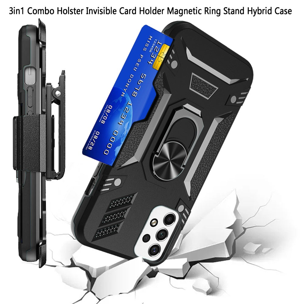 For Samsung Galaxy A33 5G Wallet Case with Invisible Credit Card Holder, 3 in 1 Combo Holster Clip and Ring Kickstand Black Phone Case Cover
