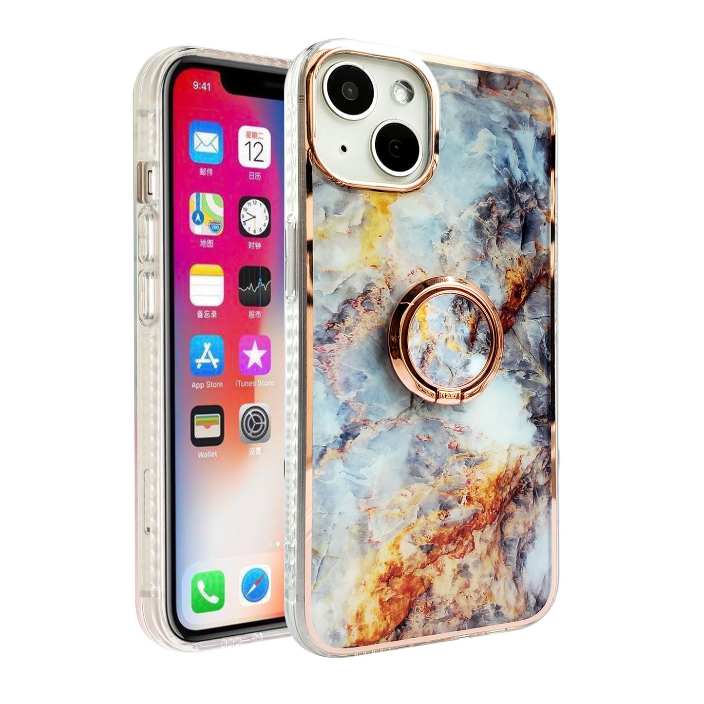 For Apple iPhone 14 Plus (6.7") Pattern Fashion Design Chromed Edge IMD with Ring Kickstand Hybrid Hard Back  Phone Case Cover