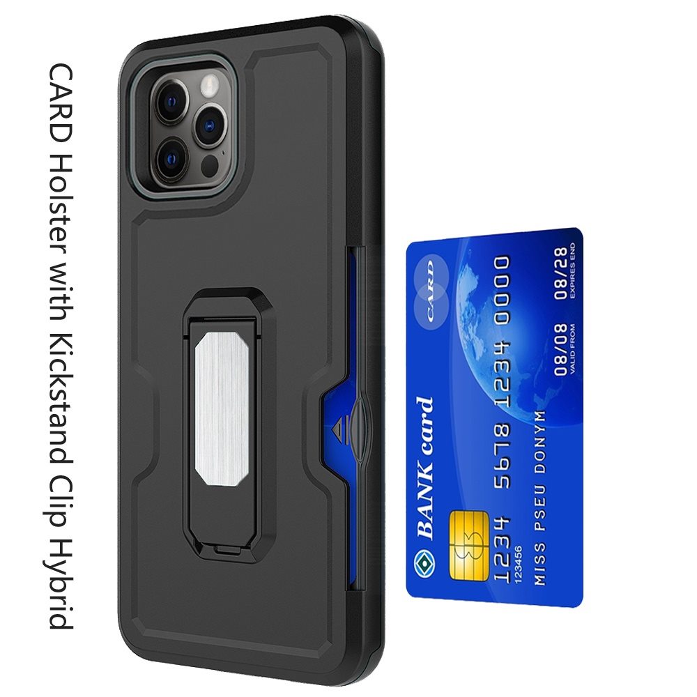 For Apple iPhone 13 / Pro Max Mini Armor Belt Clip with Credit Card Holder, Holster, Kickstand Protective Full Body Heavy Duty Hybrid  Phone Case Cover