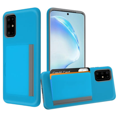For Samsung Galaxy S20 Plus (6.7") Credit Card Wallet Back Storage Invisible Pocket Dual Layer Hard PC TPU Hybrid Protective Blue Phone Case Cover