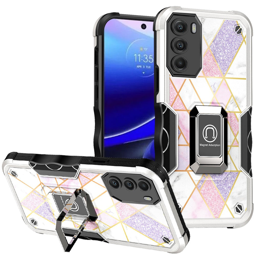 For Motorola Moto G Stylus 5G 2022 Marble IMD Design Hybrid Magnetic Ring Stand Kickstand Heavy Duty Shockproof  Phone Case Cover