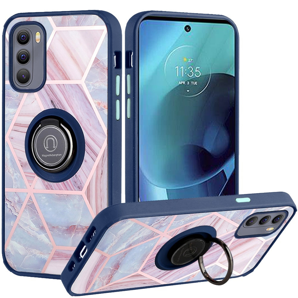 For Motorola Moto G Stylus 4G 2022 Unique Marble Design with Magnetic Ring Kickstand Holder Hybrid TPU Hard PC Armor  Phone Case Cover