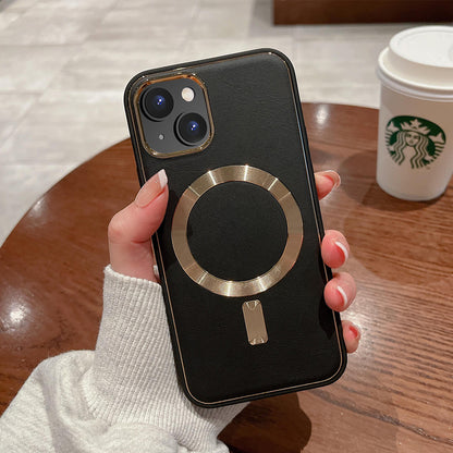 For Apple iPhone 14 /Plus Pro Max PU Leather MagSafe Compatible with Gold Trim & Raised Camera Protection Hybrid  Phone Case Cover