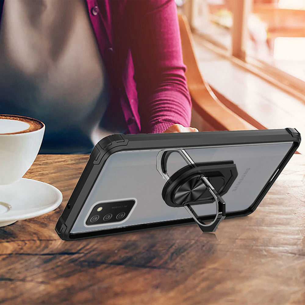 For Samsung Galaxy A02S Clear Silicone Shockproof Tuff Hybrid Protection Cover Transparent TPU with Magnetic Ring Kickstand Black Phone Case Cover
