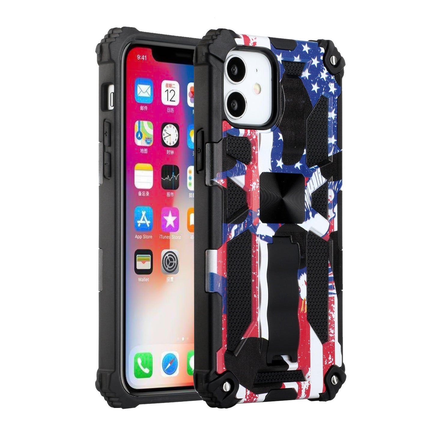 For Apple iPhone 14 (6.1") Heavy Duty Hybrid Fold Slide Kickstand [Military Grade] Rugged Magnetic Car Mount Stand American Flag USA Phone Case Cover