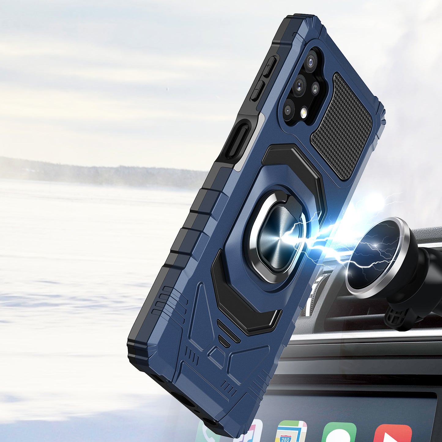 For Cricket Dream 5G Hybrid Dual Layer with Rotate Magnetic Ring Stand Holder Kickstand, Rugged Shockproof Anti-Scratch Blue Phone Case Cover