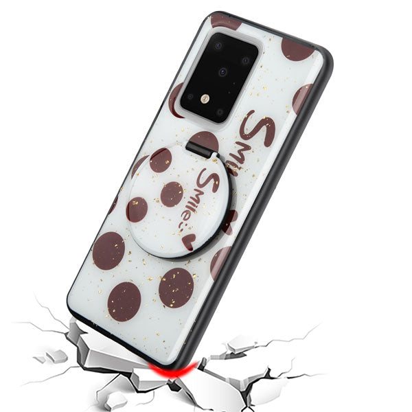 For Samsung Galaxy S20 Ultra (6.9) Mirror Stand Hybrid Shockproof Slim Hard PC TPU Rugged Bumper Smile Bubble Polka Dots Phone Case Cover