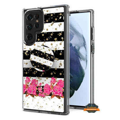 For Samsung Galaxy S22 Ultra Elegant Pattern Design Bling Glitter Hybrid Cases with Ring Stand Pop Up Finger Holder Kickstand  Phone Case Cover