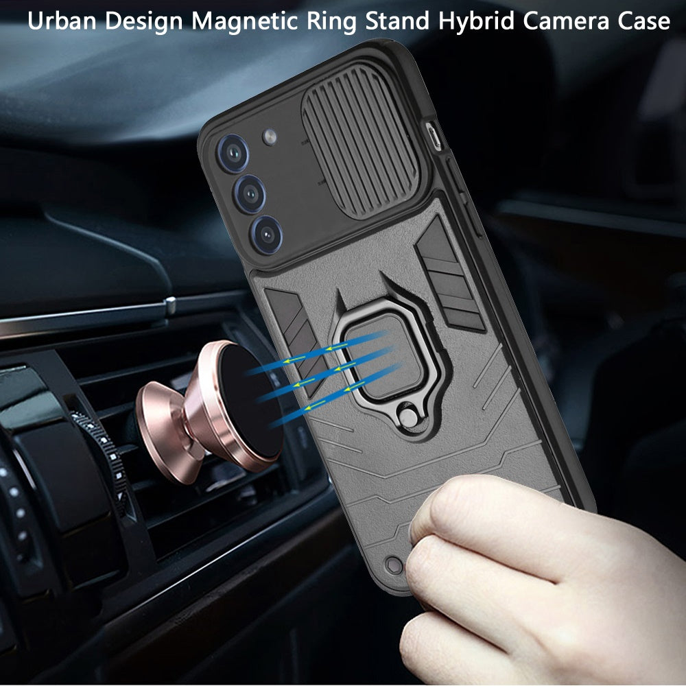 For Samsung Galaxy S21 FE /Fan Edition Kickstand Hybrid with Slide Camera Protector, Built-in 360° Rotate Ring Stand TPU Bumper  Phone Case Cover