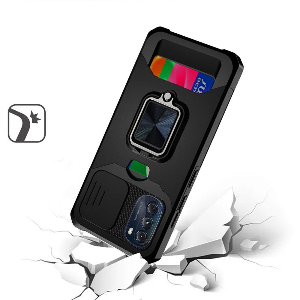 For Motorola Moto G 5G 2022 Wallet Case with Ring Stand & Slide Camera Cover Credit Card Holder, Military Grade Hard  Phone Case Cover