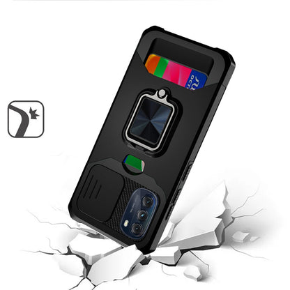 For Motorola Moto G 5G 2022 Wallet Case with Ring Stand & Slide Camera Cover Credit Card Holder, Military Grade Hard  Phone Case Cover