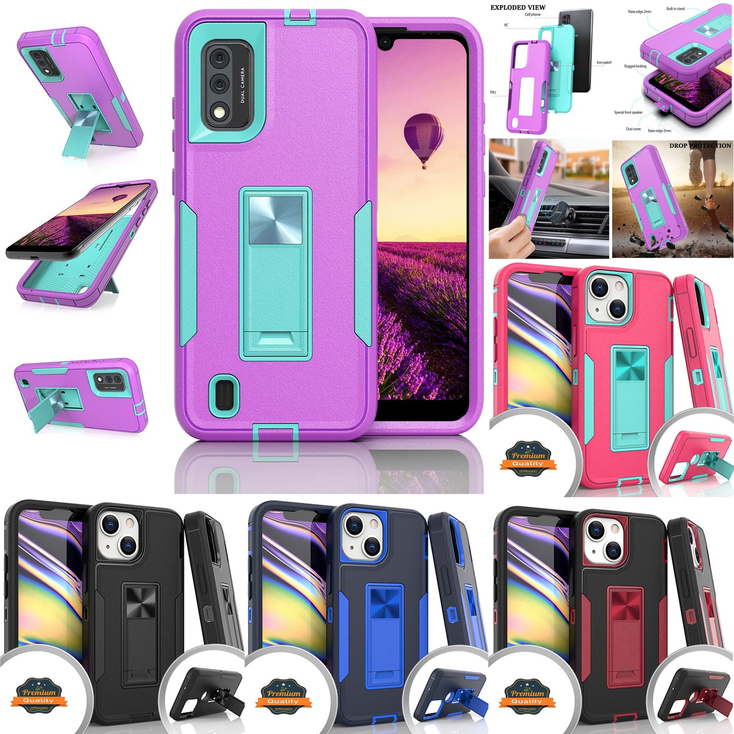 For Apple iPhone 13 /13 Mini/ 13 Pro/ 13 Pro Max Military Grade Full-Body Rugged with Kickstand Hybrid Heavy Duty Support Car Mount Holder  Phone Case Cover