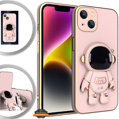 For Apple iPhone 14 /Plus Pro Max Astronaut Hidden Stand Holder Plating Hybrid Electroplated Bumper Shockproof Armor Cute  Phone Case Cover