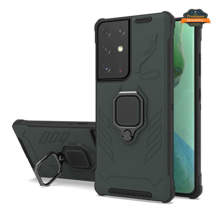 For Samsung Galaxy S20 FE /Fan Edition 5G Shock-Proof Magnetic Car Mount Kickstand Ring Texture Rugged Hybrid Dual Layer Green Phone Case Cover