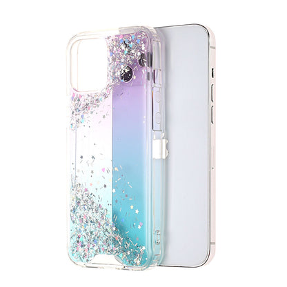For Apple iPhone 13 Mini (5.4") Pattern Clear Design Transparent Glitter Bling Hybrid Plastic Hard Back TPU Rubber Armor  Phone Case Cover