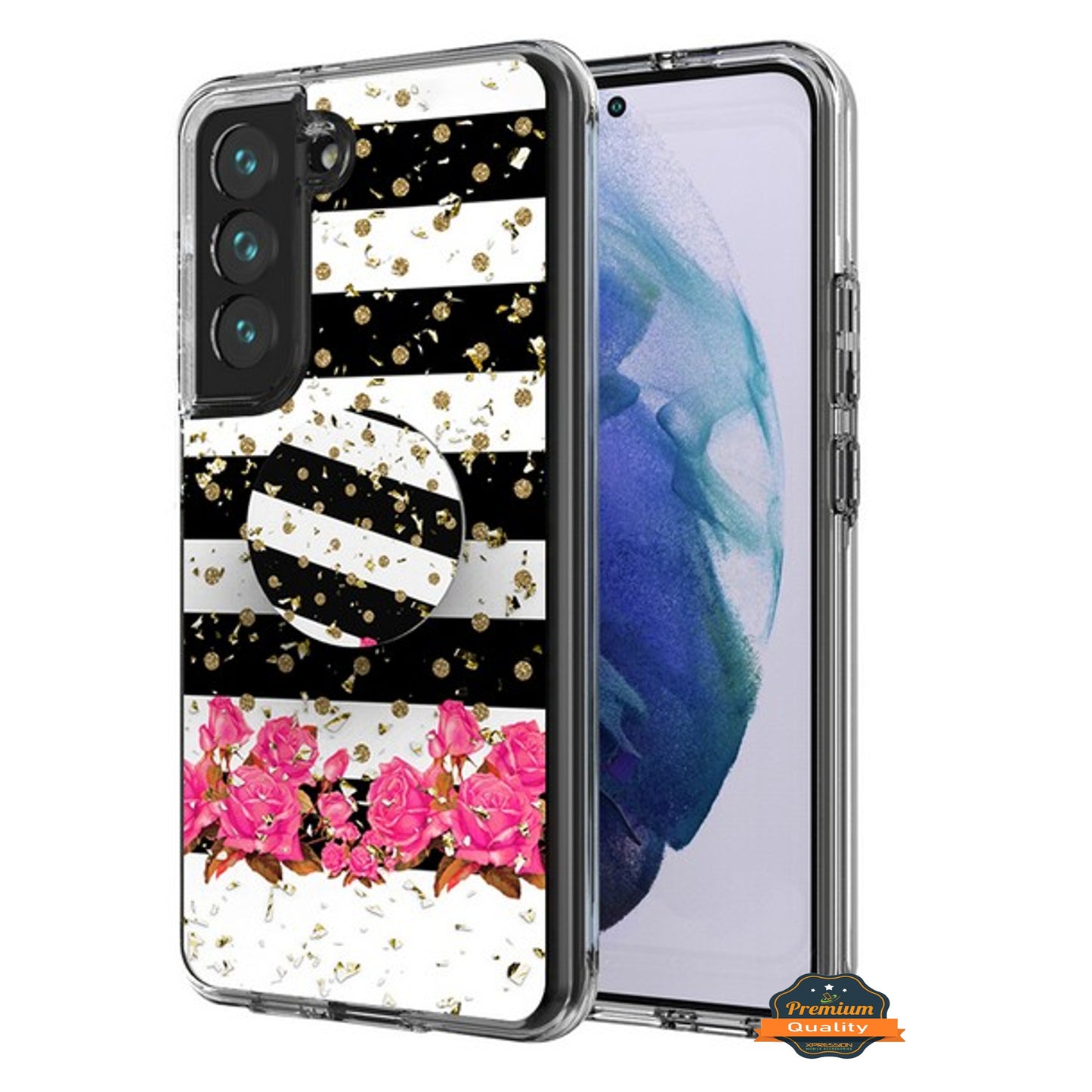 For Samsung Galaxy S22 Elegant Pattern Design Bling Glitter Hybrid Cases with Ring Stand Pop Up Finger Holder Kickstand  Phone Case Cover