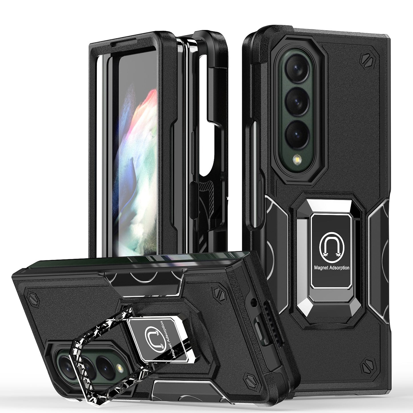 For Samsung Galaxy Z Fold 4 5G Hybrid Cases with Magnetic Ring Holder Kickstand Heavy Duty Rugged Silicone Shockproof  Phone Case Cover