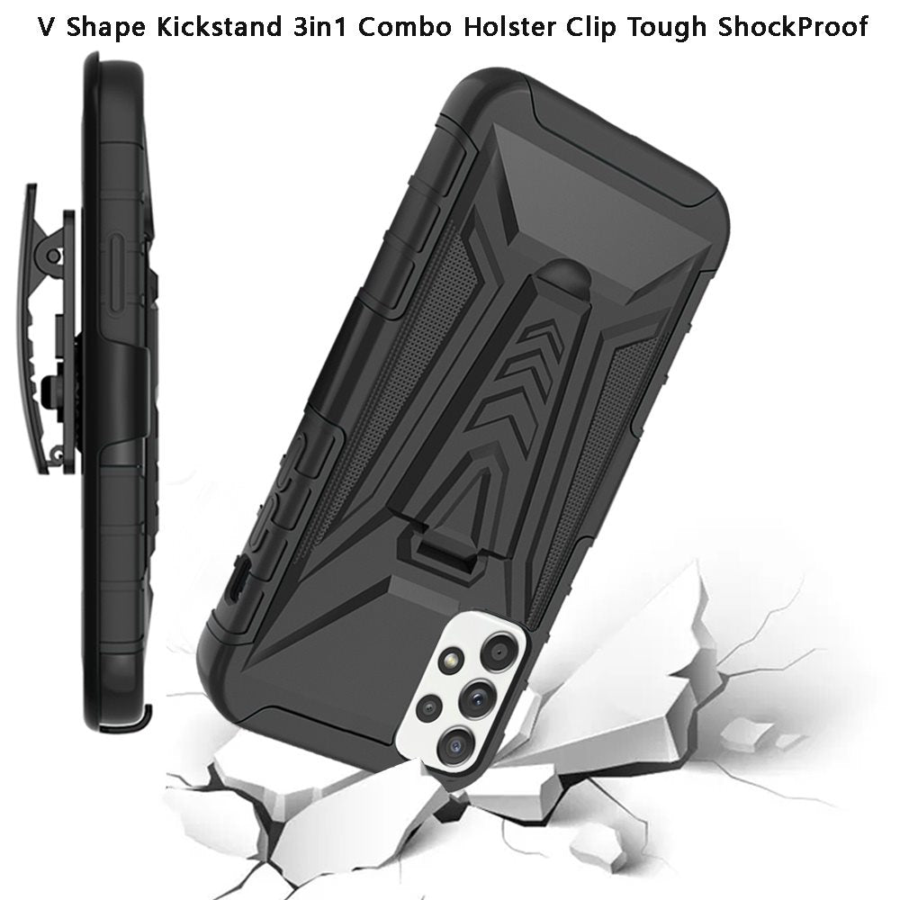 For Samsung Galaxy A32 5G 3 in 1 Rugged Swivel Belt Clip Holster Heavy Duty Hybrid Armor Rubber TPU with Kickstand Stand Black Phone Case Cover