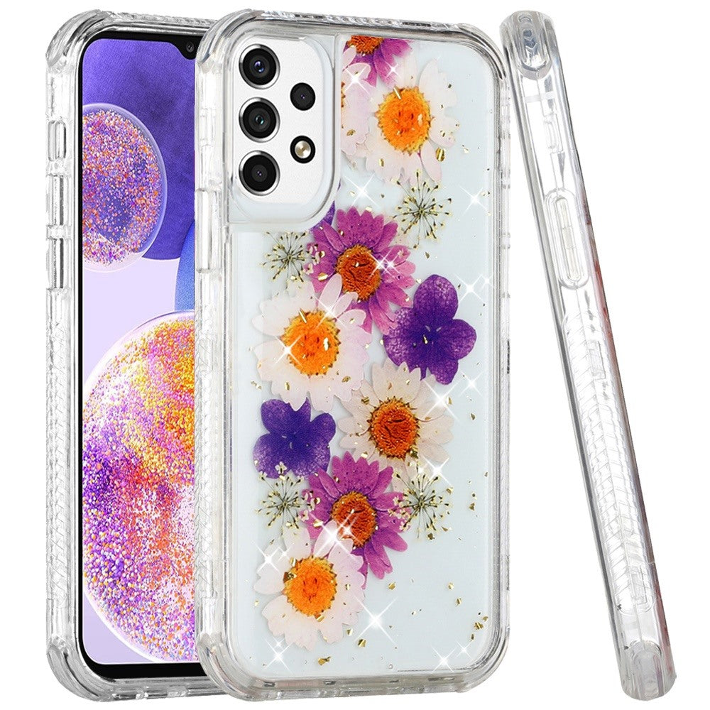 For Samsung Galaxy A23 5G Sparkle Glitter Floral Epoxy Design Shockproof Hybrid Fashion Bling Rubber TPU & Hard PC  Phone Case Cover