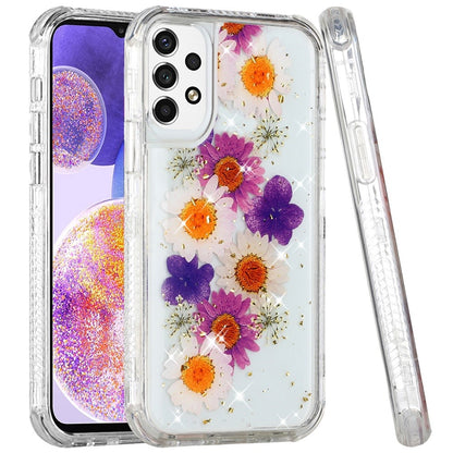 For Samsung Galaxy A23 5G Sparkle Glitter Floral Epoxy Design Shockproof Hybrid Fashion Bling Rubber TPU & Hard PC  Phone Case Cover