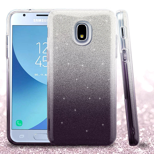 For Samsung Galaxy J3 (2018)/ Galaxy J3 Star/ Galaxy J3 Stylish Gradient Glitter Design Hybrid Rubber TPU Hard PC Slim Fit Silver Black Phone Case Cover