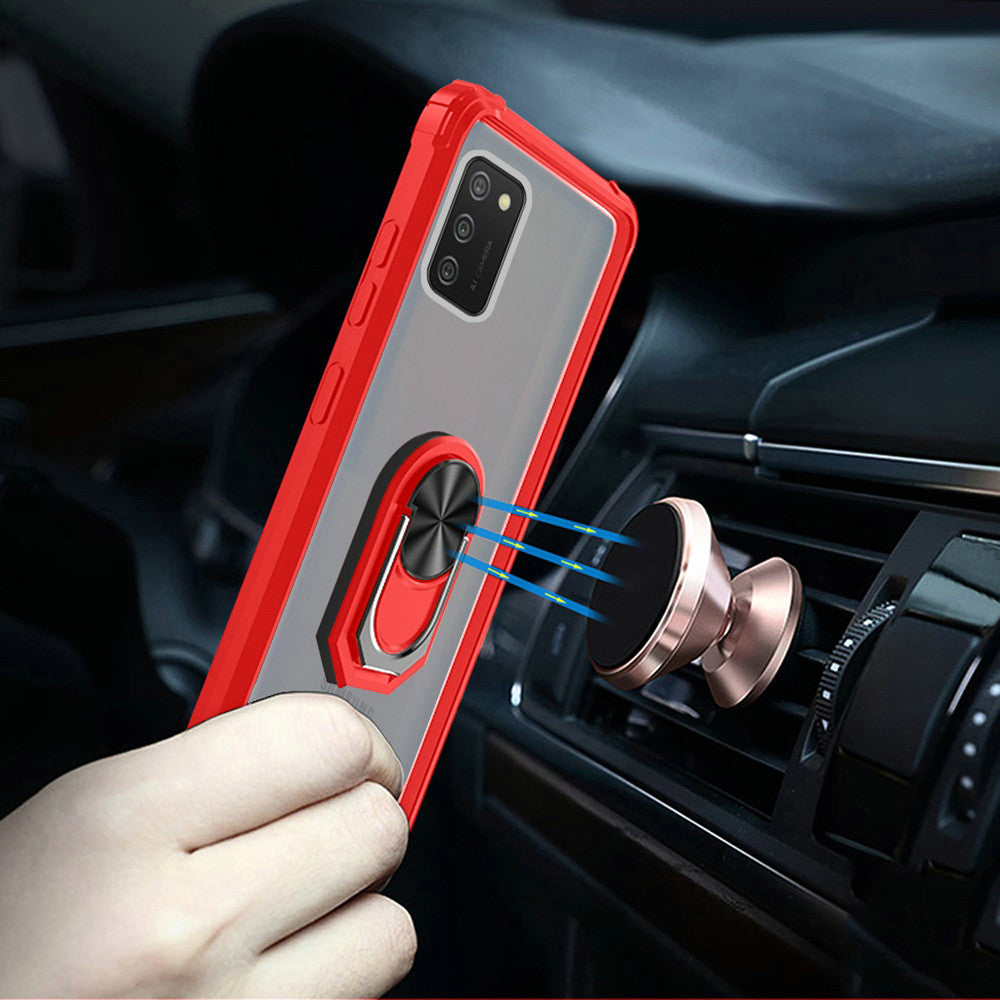 For Samsung Galaxy A02S Clear Silicone Shockproof Tuff Hybrid Protection Cover Transparent TPU with Magnetic Ring Kickstand Red Phone Case Cover